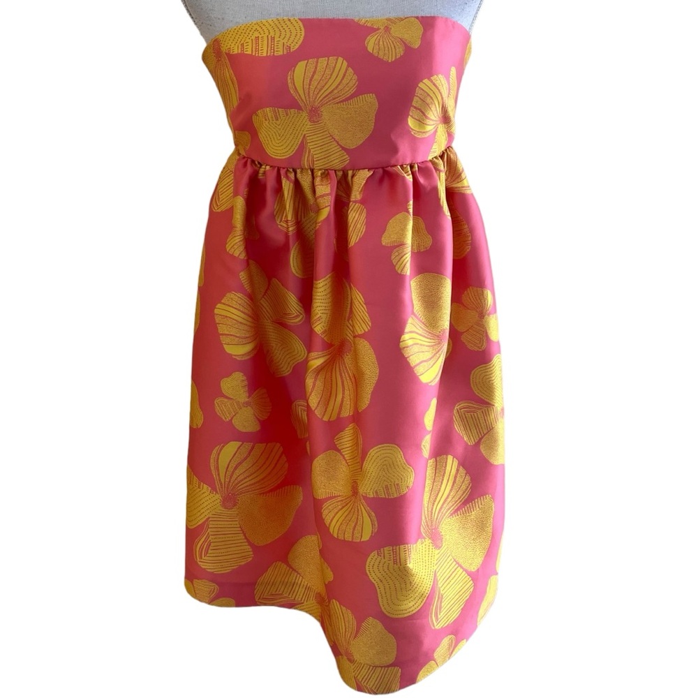Tara Jarmon Coral/Yellow Bold  Floral Strapless Babydoll Empire Waist Dress